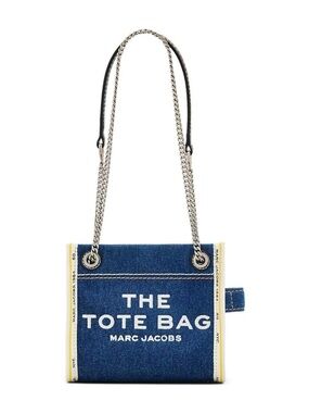 New Marc Jacobs Blue Denim Chain Mini Tote Crossbody Bag with Yellow Trim
